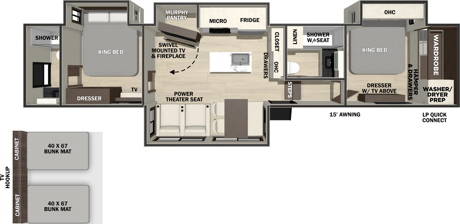 The Cedar Creek 38DB floorplan has two entries and four slide outs. Exterior features include: fiberglass exterior and 15' awning. Interiors features include: loft, kitchen island, front bedroom, two bedrooms, rear bathroom and two full bathrooms.